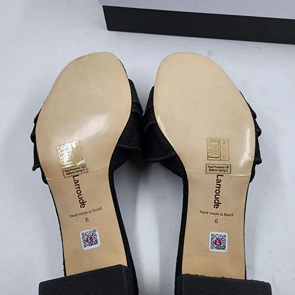Larroude Brigitte Ruffle Slip On High Heel Sandals Women's 6 Black Open Toe
